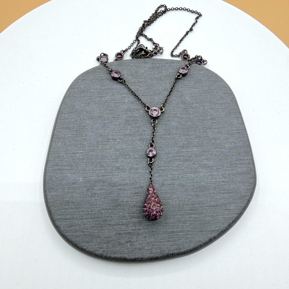 Purple Rhinestone Y Drop Necklace Gunmetal Teardrop Pendant Statement Jewelry